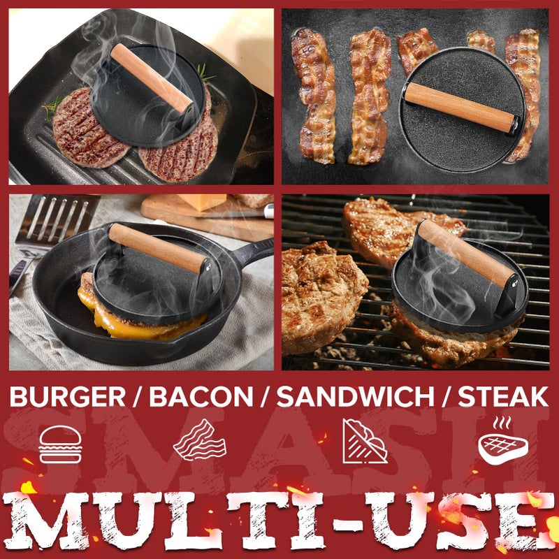 Grilliance Smash Burger Press kit, Heavy-Duty Cast Iron Round Grill Bacon Press with Wood Handle, 3 in 1 Hamburger Press Patty Maker Tools, Cleaning Pad Set for Blackstone Griddle Flat Top Cooking - Image 4