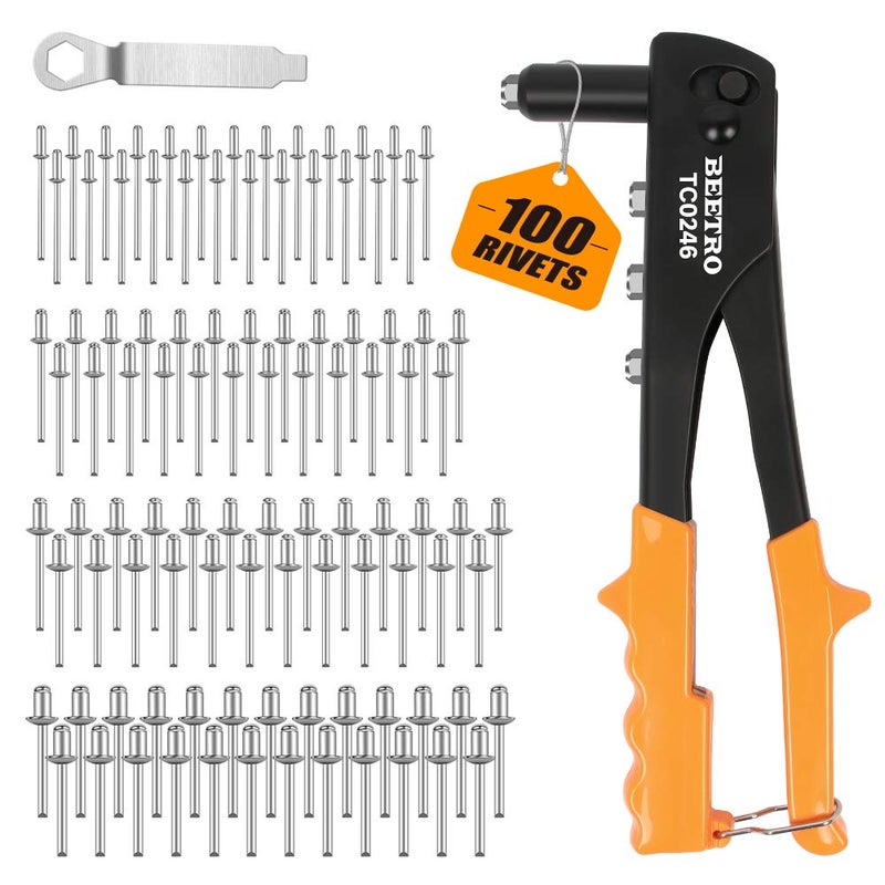 BEETRO Heavy Duty Hand Riveter, Rivet Gun, 3/32"-1/8"-5/32"-3/16", 4 Nosepieces Set Includes 100pcs Rivets, Durable and Suitable for Metal, Plastic and Leather - Image 1