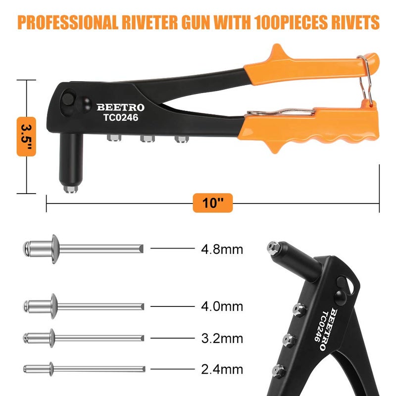 BEETRO Heavy Duty Hand Riveter, Rivet Gun, 3/32"-1/8"-5/32"-3/16", 4 Nosepieces Set Includes 100pcs Rivets, Durable and Suitable for Metal, Plastic and Leather - Image 4
