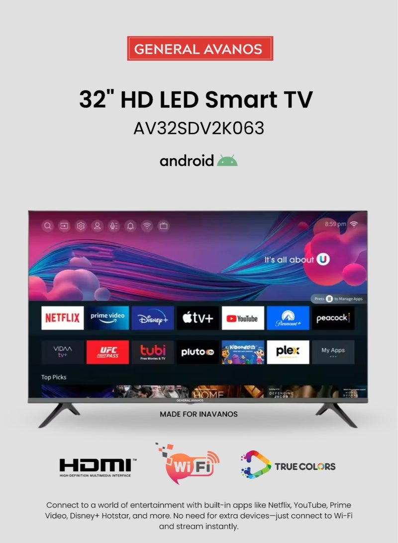 AVANOS 32" HD Smart Android LED TV, Frame Less Design, HDMI, USB  - Image 1