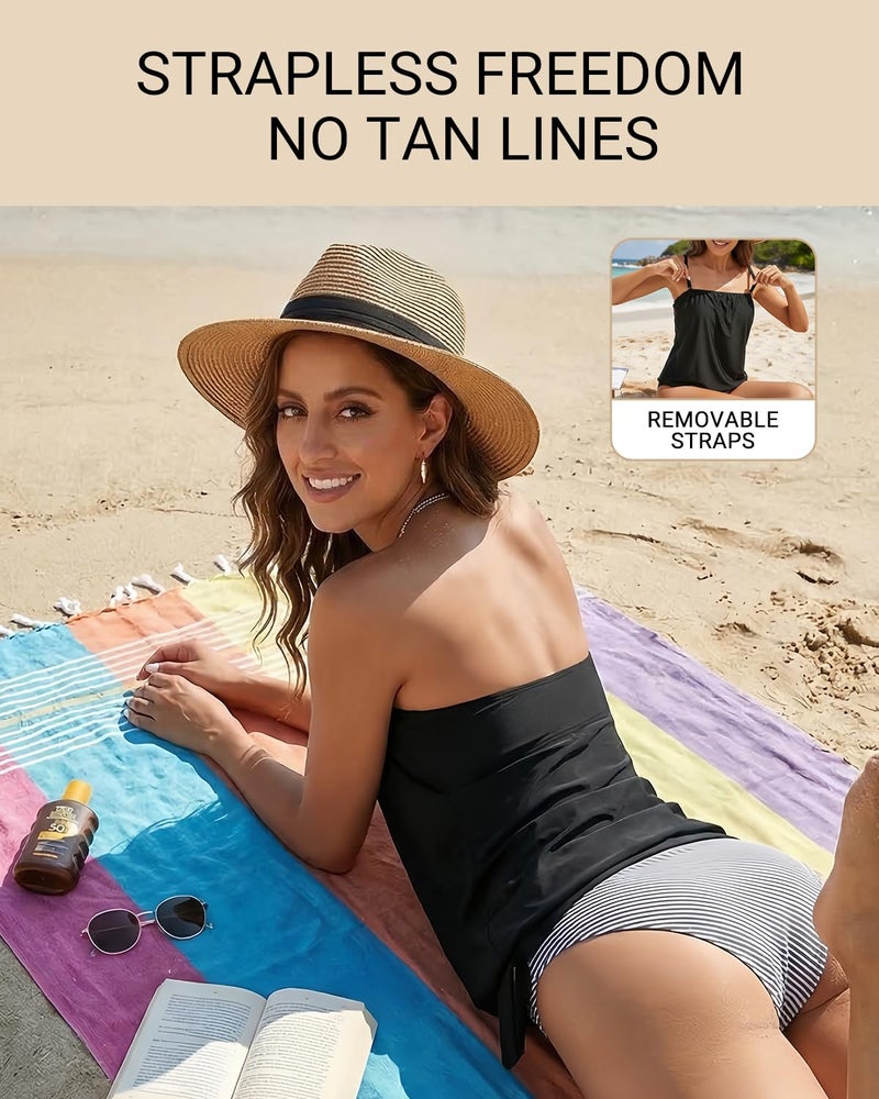 Holipick Black Strapless Tankini Tops for Women Swimwear Top ONLY Bandeau Bathing Suit Top Blouson Swimsuit Top No Bottom Large - Image 5