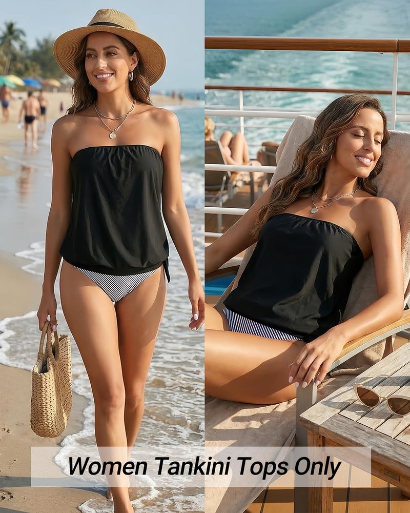 Holipick Black Strapless Tankini Tops for Women Swimwear Top ONLY Bandeau Bathing Suit Top Blouson Swimsuit Top No Bottom Large - Image 4