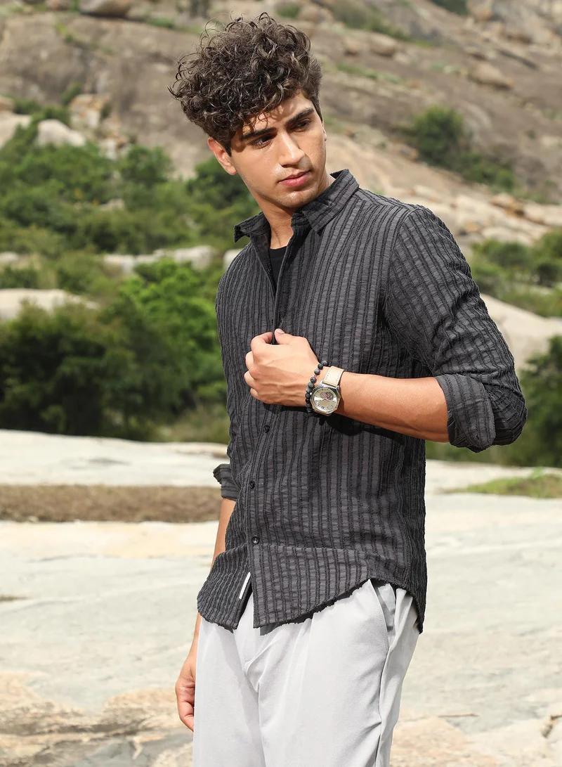 CAHOOT  Men's Charcoal Grey Edgy-Stripe Jacquard Shirt for Men | Best Price UAE