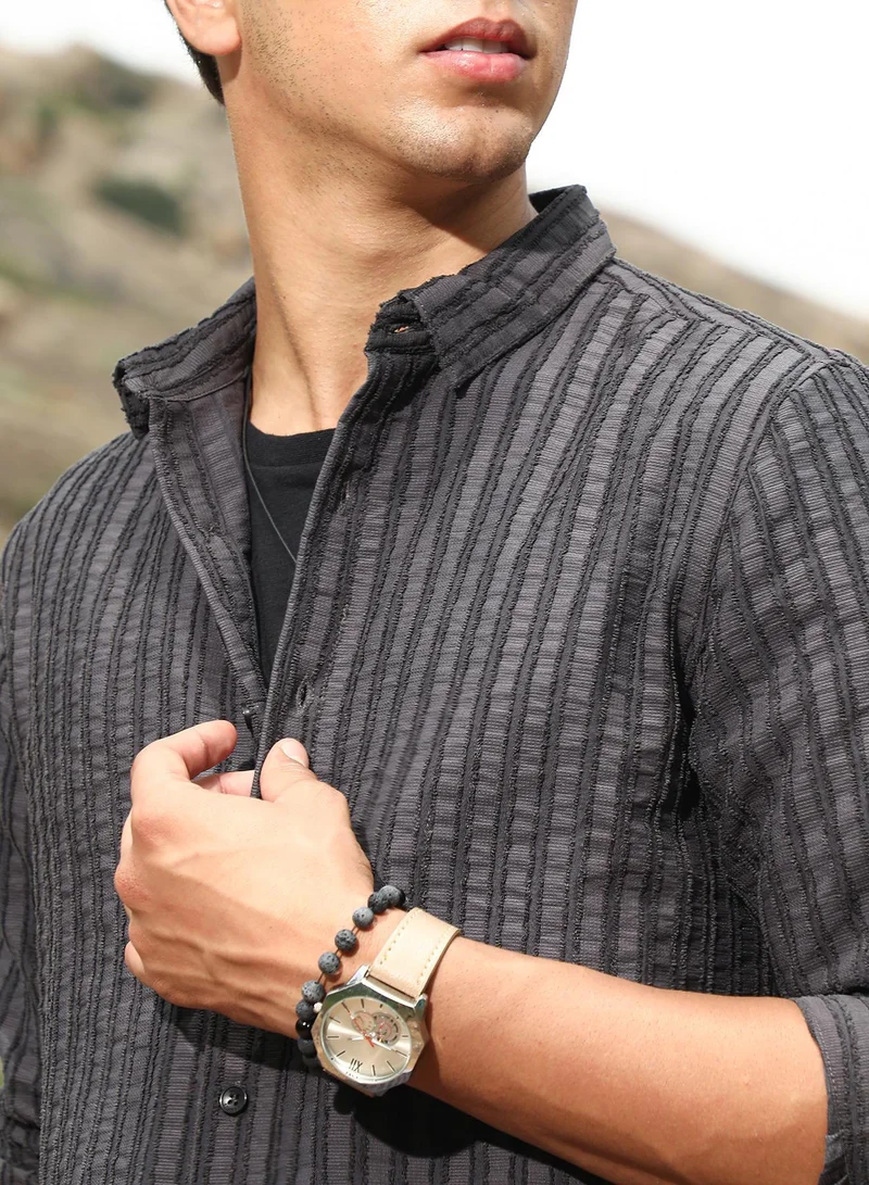 CAHOOT  Men's Charcoal Grey Edgy-Stripe Jacquard Shirt for Men | Best Price UAE