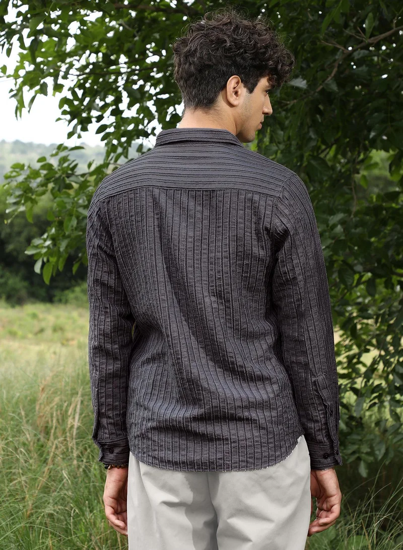 CAHOOT  Men's Charcoal Grey Edgy-Stripe Jacquard Shirt for Men | Best Price UAE