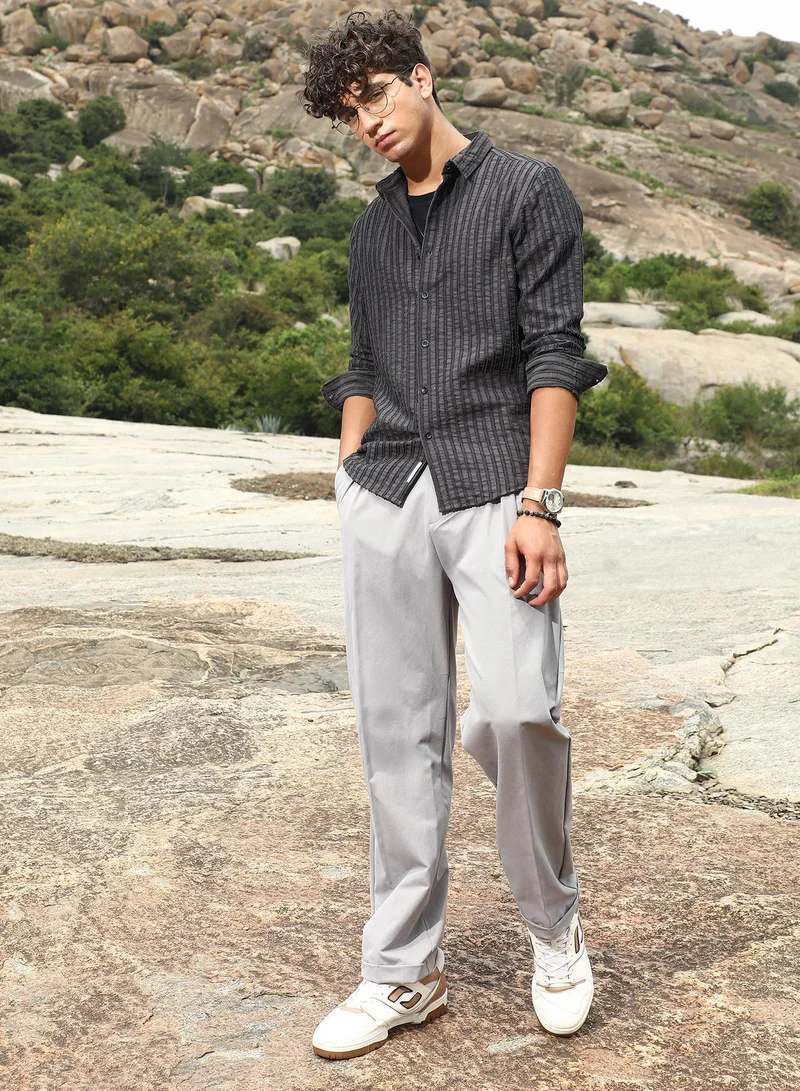 CAHOOT  Men's Charcoal Grey Edgy-Stripe Jacquard Shirt for Men | Best Price UAE