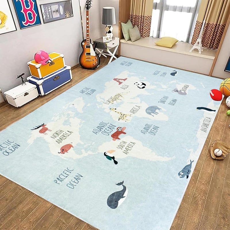 USTIDE سجادة أطفال USTIDE خريطة العالم سجادة زرقاء سجادات حيوانات لطيفة سجادة تعليمية للأولاد والبنات سجادات قابلة للغسل في الغسالة لغرفة المعيشة وغرفة النوم وغرفة اللعب 5 × 7 قدم زرقاء فاتحة - Image 5