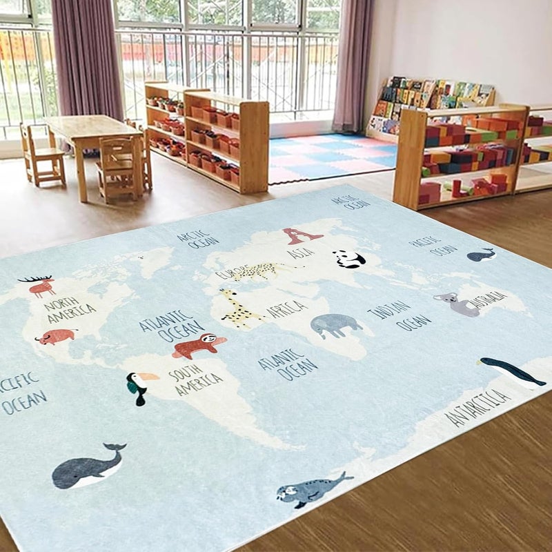 USTIDE سجادة أطفال USTIDE خريطة العالم سجادة زرقاء سجادات حيوانات لطيفة سجادة تعليمية للأولاد والبنات سجادات قابلة للغسل في الغسالة لغرفة المعيشة وغرفة النوم وغرفة اللعب 5 × 7 قدم زرقاء فاتحة - Image 3