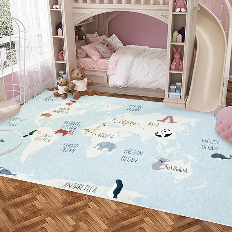 USTIDE سجادة أطفال USTIDE خريطة العالم سجادة زرقاء سجادات حيوانات لطيفة سجادة تعليمية للأولاد والبنات سجادات قابلة للغسل في الغسالة لغرفة المعيشة وغرفة النوم وغرفة اللعب 5 × 7 قدم زرقاء فاتحة - Image 4