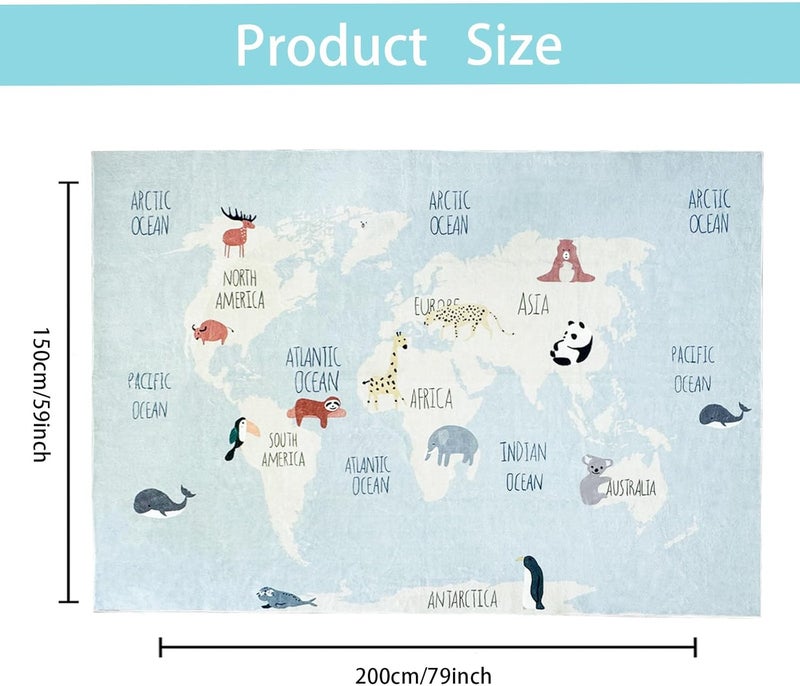 USTIDE سجادة أطفال USTIDE خريطة العالم سجادة زرقاء سجادات حيوانات لطيفة سجادة تعليمية للأولاد والبنات سجادات قابلة للغسل في الغسالة لغرفة المعيشة وغرفة النوم وغرفة اللعب 5 × 7 قدم زرقاء فاتحة - Image 2