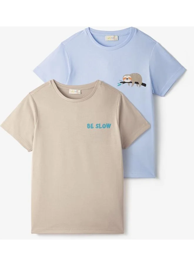 JUNE June Boy Short Sleeve 2-Pack Printed Tshirt Light Brown - Light Blue