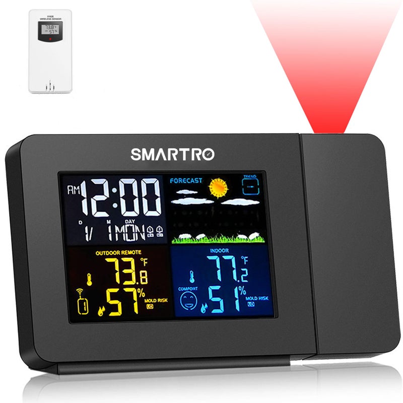 SMARTRO SC91 Projection Alarm Clock for Bedrooms with Weather Station, Wireless Indoor Outdoor Thermometer, Temperature Humidity Monitor Gauge Hygrometer - Image 1