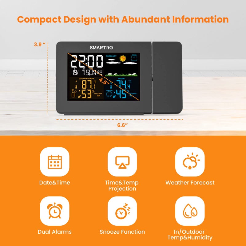 SMARTRO SC91 Projection Alarm Clock for Bedrooms with Weather Station, Wireless Indoor Outdoor Thermometer, Temperature Humidity Monitor Gauge Hygrometer - Image 2