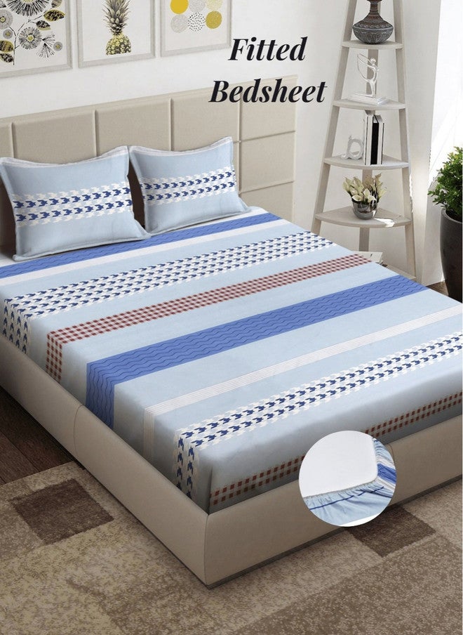 Arrabi Blue Geometric Polycotton 300 TC Fitted King Fine Bedsheet with 2 Pillow Covers - Image 1