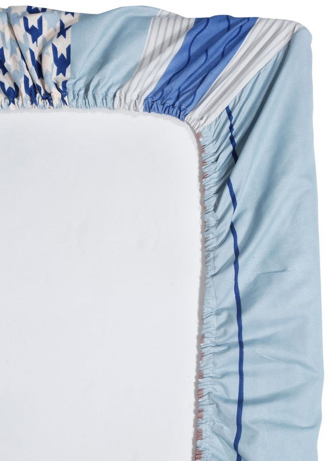 Arrabi Blue Geometric Polycotton 300 TC Fitted King Fine Bedsheet with 2 Pillow Covers - Image 4
