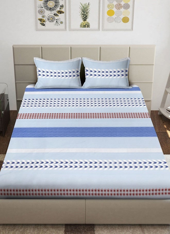 Arrabi Blue Geometric Polycotton 300 TC Fitted King Fine Bedsheet with 2 Pillow Covers - Image 2