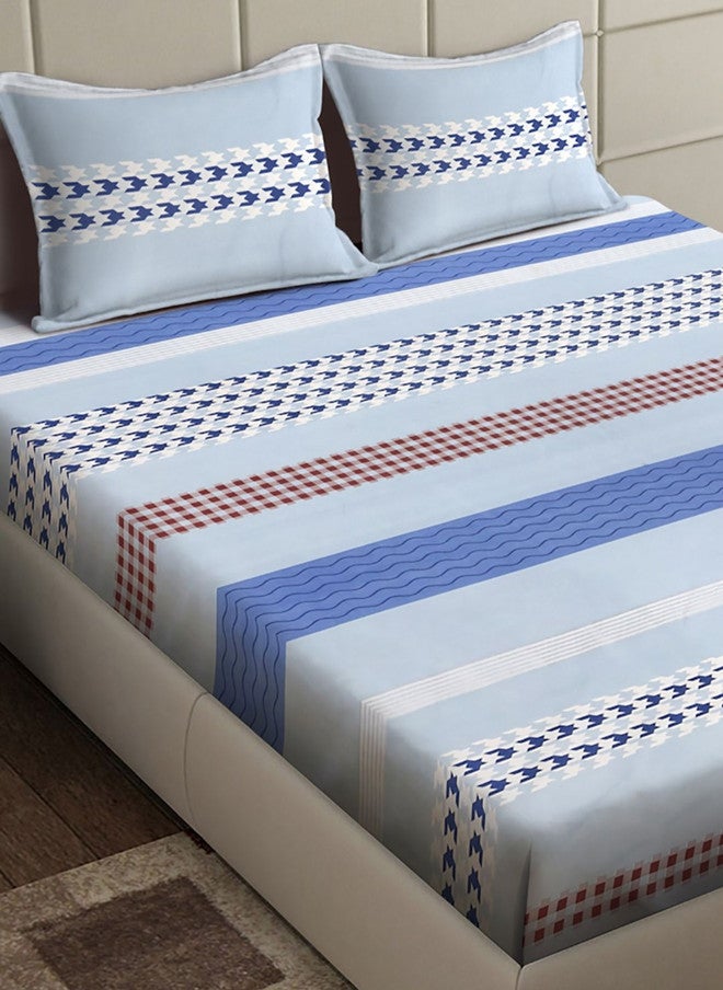 Arrabi Blue Geometric Polycotton 300 TC Fitted King Fine Bedsheet with 2 Pillow Covers - Image 3