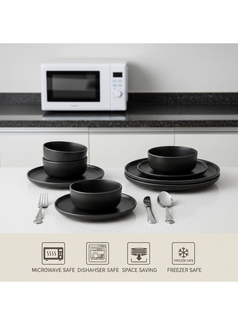 Shallow Stoneware KIA 18 PC Dinner Set, Black | Dinnerware Set for 6 People, 6 Dinner Plates 6 Side Plates 6 Bowls Lightweight Stackable Dining Modern Tableware for Home Dining - Image 3