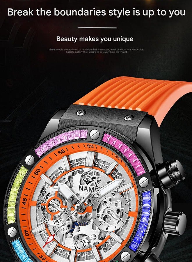 ONOLA Men's Luxury Sport Mechanical Watch - Rainbow Diamond Accented Black Dial with Orange Water-Resistant Silicone Strap, 30M Water Resistance, Premium Sporty Style for Casual Wear & Elite Social Events - Image 2