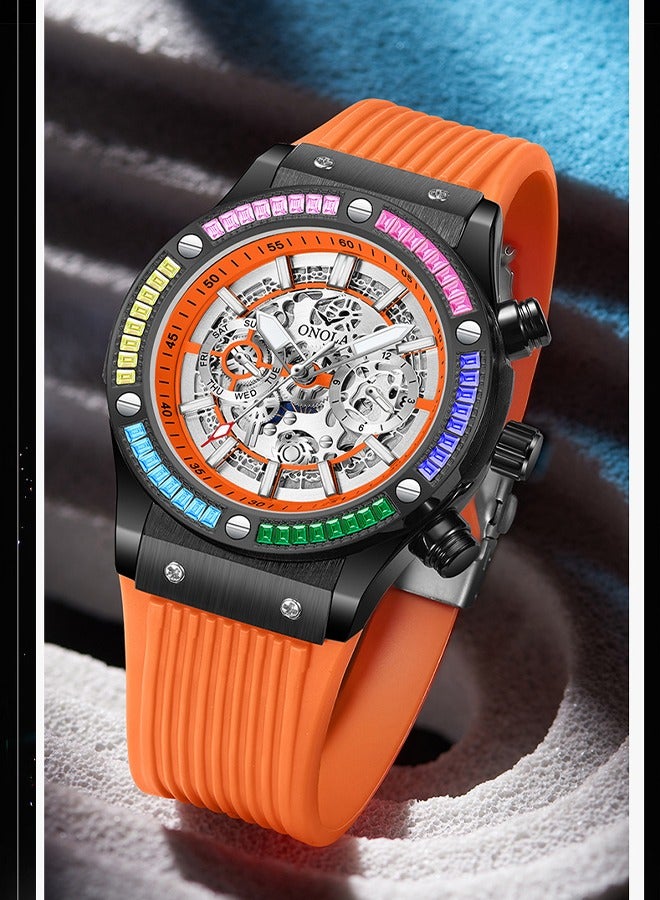 ONOLA Men's Luxury Sport Mechanical Watch - Rainbow Diamond Accented Black Dial with Orange Water-Resistant Silicone Strap, 30M Water Resistance, Premium Sporty Style for Casual Wear & Elite Social Events - Image 3