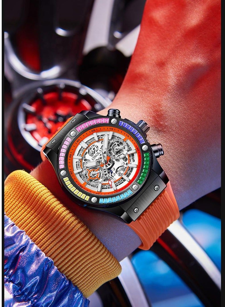ONOLA Men's Luxury Sport Mechanical Watch - Rainbow Diamond Accented Black Dial with Orange Water-Resistant Silicone Strap, 30M Water Resistance, Premium Sporty Style for Casual Wear & Elite Social Events - Image 4