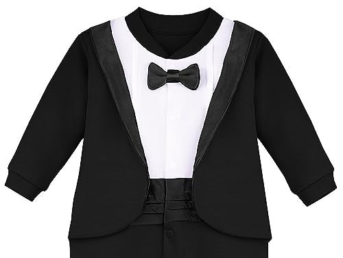 Lilax Baby Boy Gentleman Tuxedo Footie Christmas Holiday Outfit with Bow Tie (9 Months, Black) - Image 4