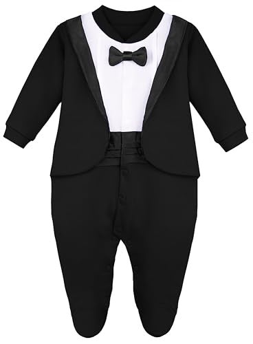 Lilax Baby Boy Gentleman Tuxedo Footie Christmas Holiday Outfit with Bow Tie (9 Months, Black) - Image 1