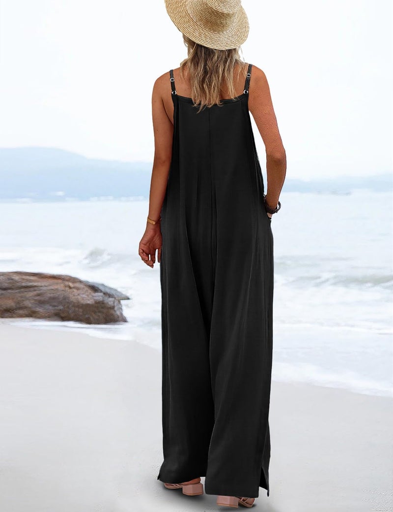 YESNO Women's Summer Boho Cotton Casual Jumpsuits Wide Leg Overalls Floral Print Baggy Rompers with Pockets XL PZZCR Solid Black - Image 3