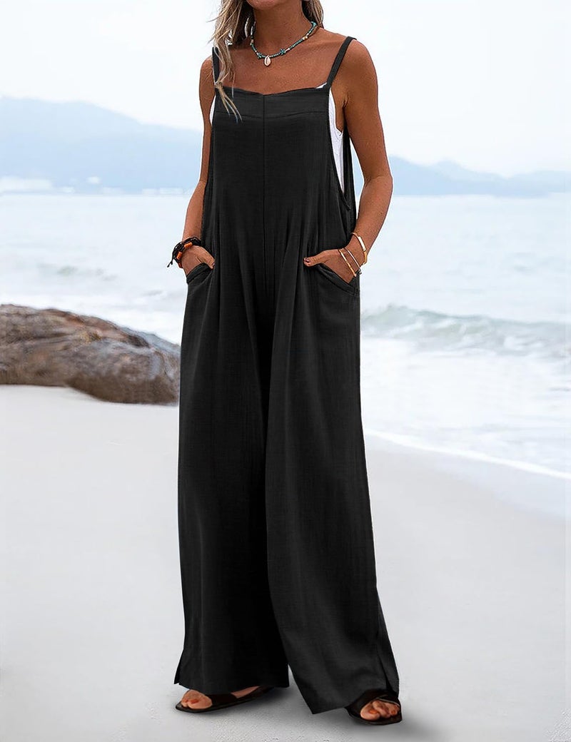 YESNO Women's Summer Boho Cotton Casual Jumpsuits Wide Leg Overalls Floral Print Baggy Rompers with Pockets XL PZZCR Solid Black - Image 2