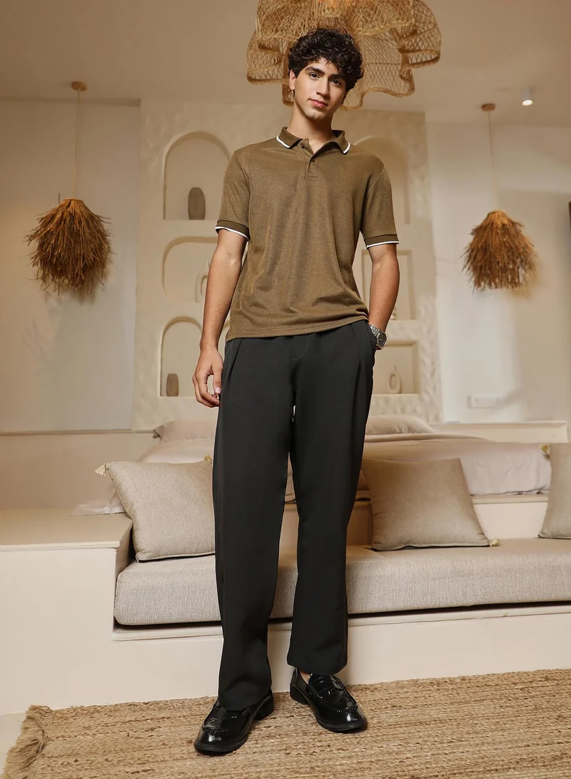 CAHOOT  Men's Olive Brown Ribbed-Knit Polo T-Shirt for Men | Best Price UAE