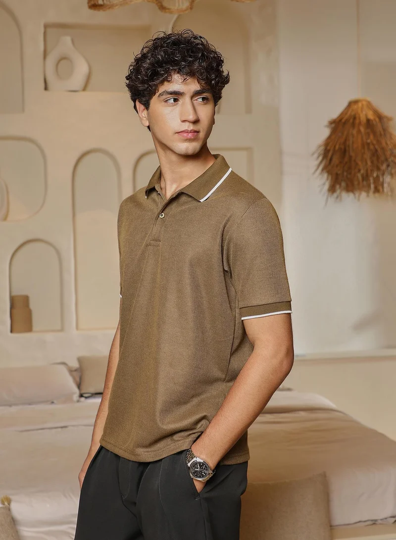 CAHOOT  Men's Olive Brown Ribbed-Knit Polo T-Shirt for Men | Best Price UAE