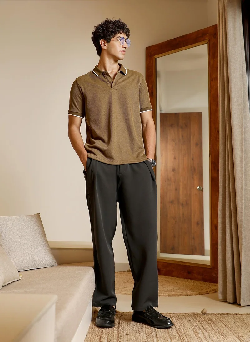 CAHOOT  Men's Olive Brown Ribbed-Knit Polo T-Shirt for Men | Best Price UAE