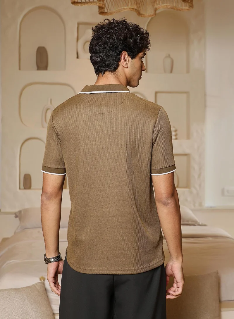 CAHOOT  Men's Olive Brown Ribbed-Knit Polo T-Shirt for Men | Best Price UAE