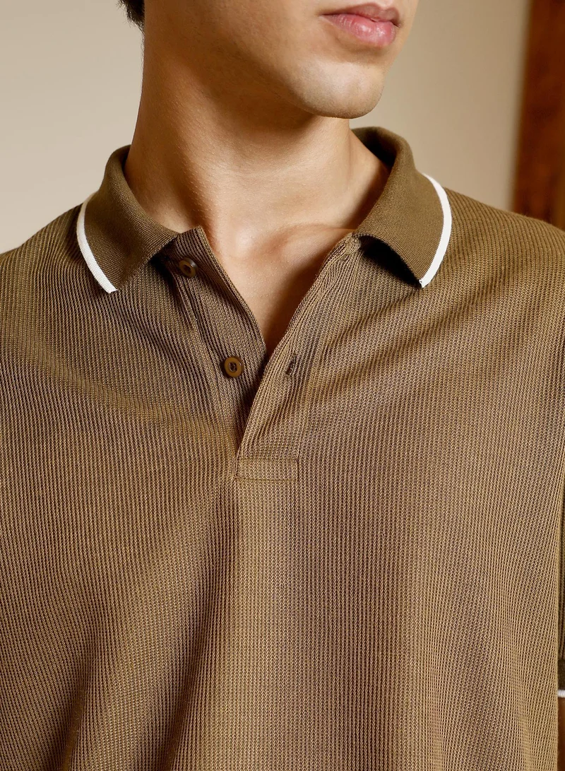CAHOOT  Men's Olive Brown Ribbed-Knit Polo T-Shirt for Men | Best Price UAE