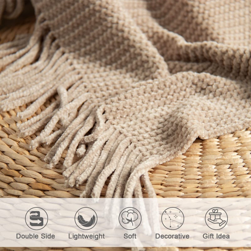 lifein Throw Blanket for Couch, Soft Boho Decor Bed Throw,Cozy Beige Knitted Chenille Small Farmhouse Lightweight Throw(Beige,50 * 60") - Image 4