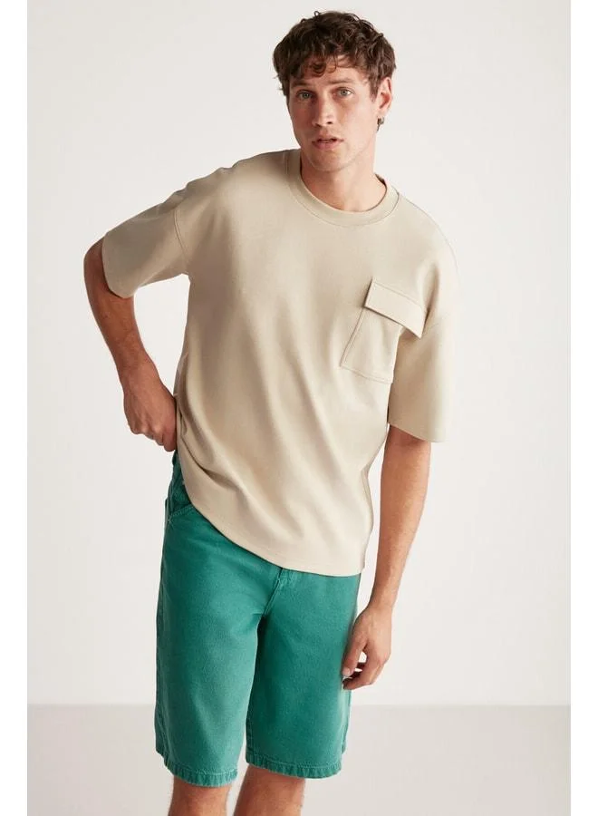 GRIMELANGE Artur Men's Pocket Thick Special Textured Fabric Beige T-shirt.