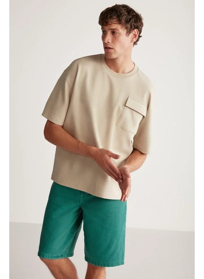 GRIMELANGE Artur Men's Pocket Thick Special Textured Fabric Beige T-shirt.