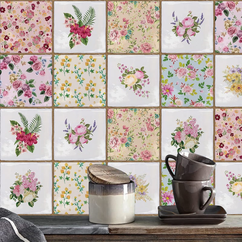 Alwayspon Vinyl Sticker Peel and Stick, Self-Adhesive Wall Tile Transfers Backsplash Sticker Decal for Kitchen Bathroom, 6x6inch/15x15cm 10Pcs, Floral Painting T038 - Image 1