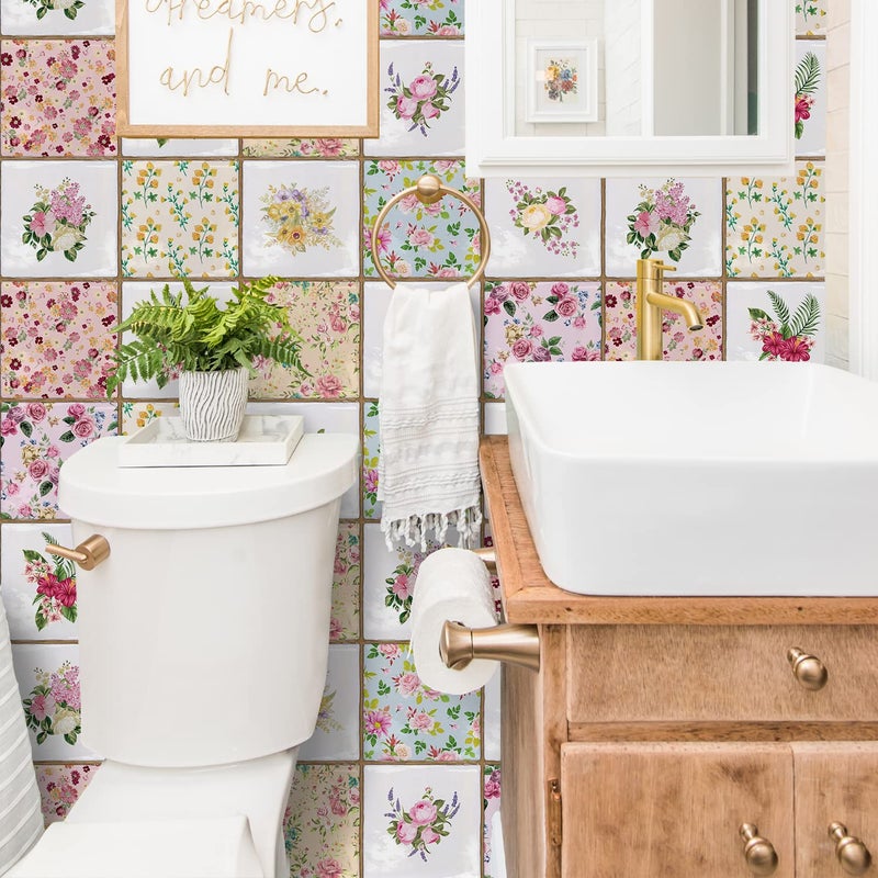Alwayspon Vinyl Sticker Peel and Stick, Self-Adhesive Wall Tile Transfers Backsplash Sticker Decal for Kitchen Bathroom, 6x6inch/15x15cm 10Pcs, Floral Painting T038 - Image 2