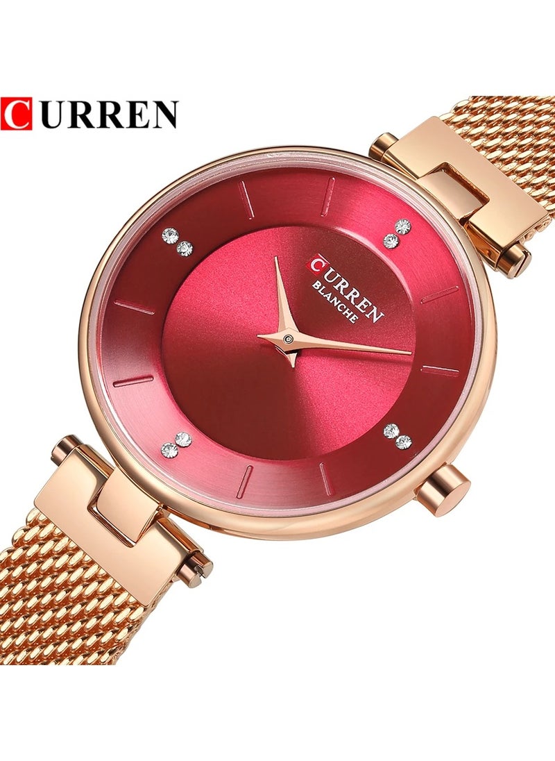 CURREN - CURREN 9031 Original Brand Mesh Band Wrist Watch for Women Rosegold/Red - Image 1