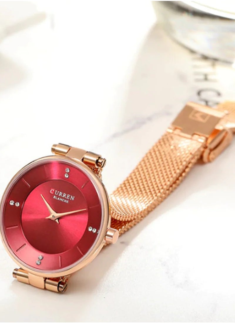 CURREN - CURREN 9031 Original Brand Mesh Band Wrist Watch for Women Rosegold/Red - Image 1