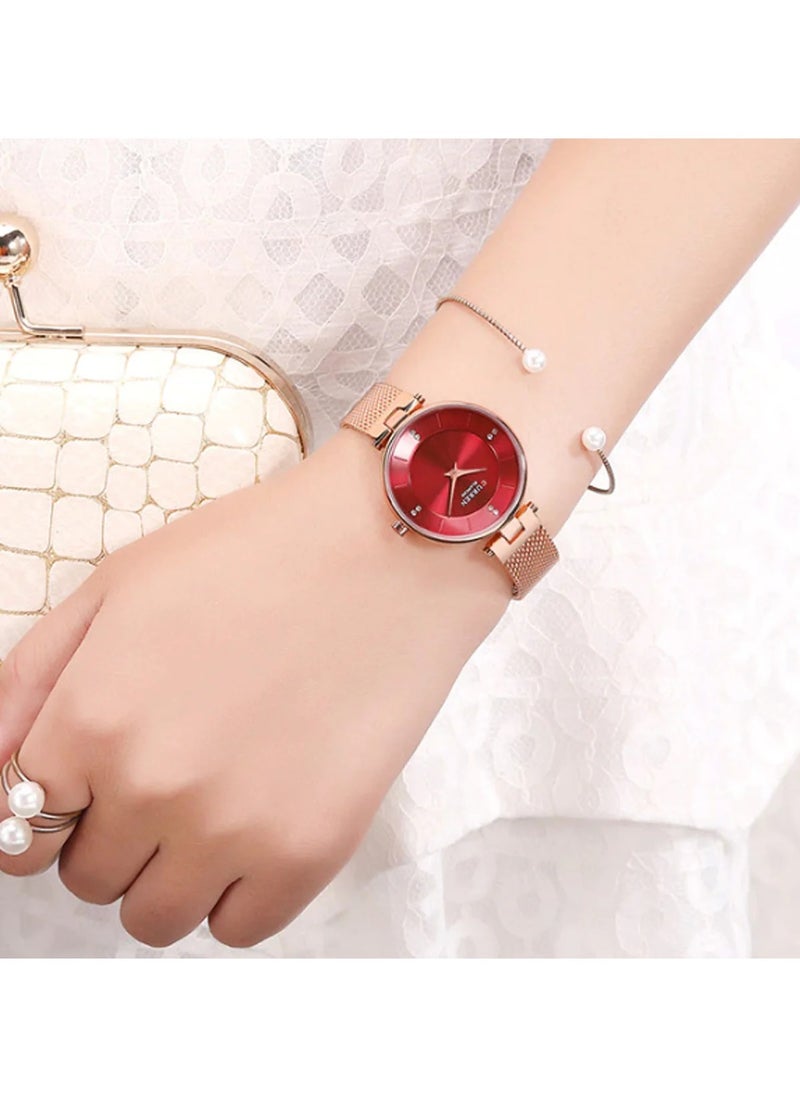 CURREN - CURREN 9031 Original Brand Mesh Band Wrist Watch for Women Rosegold/Red - Image 1