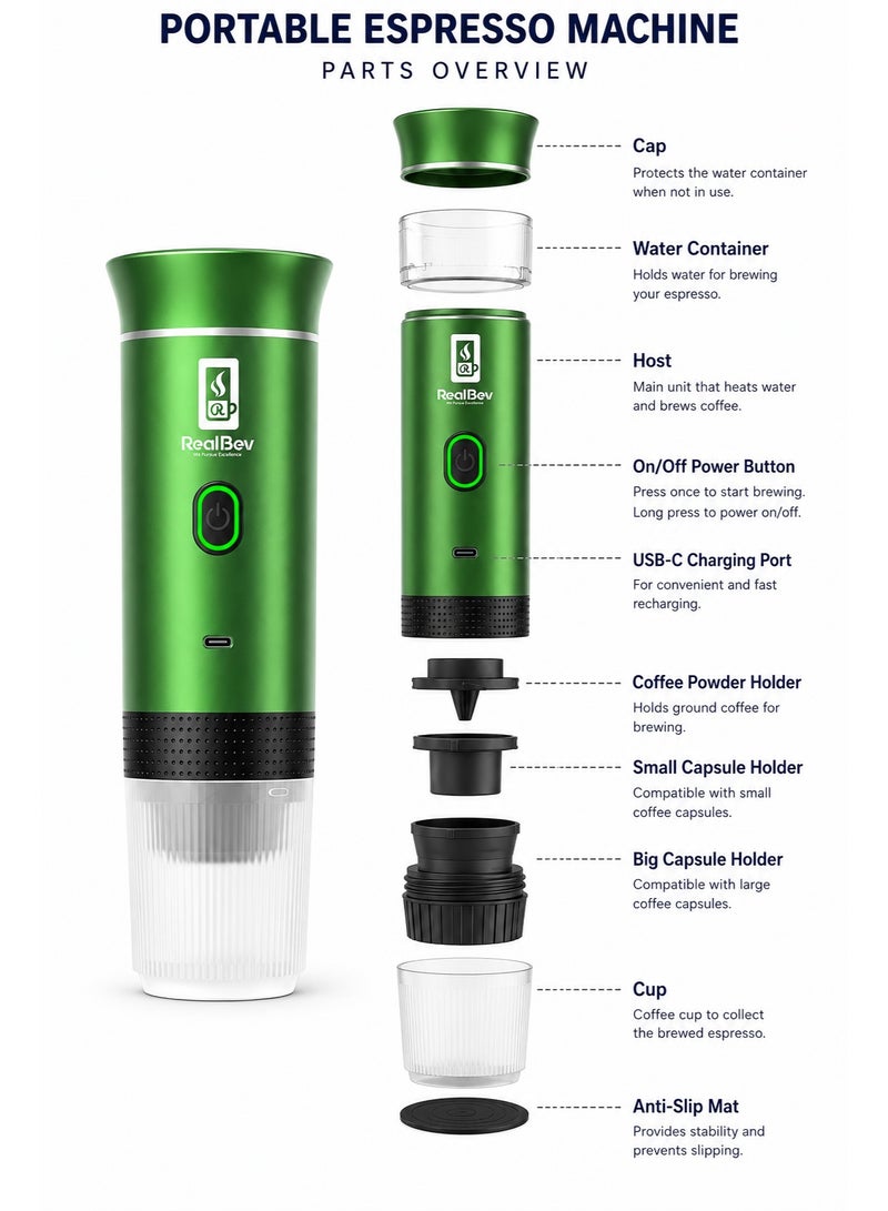 RealBev Portable Espresso Coffee Maker | USB Rechargeable Coffee Machine for Travel, Car, Camping & Office | Compatible with Ground Coffee & Capsules | Compact One-Touch Brewing - Image 4