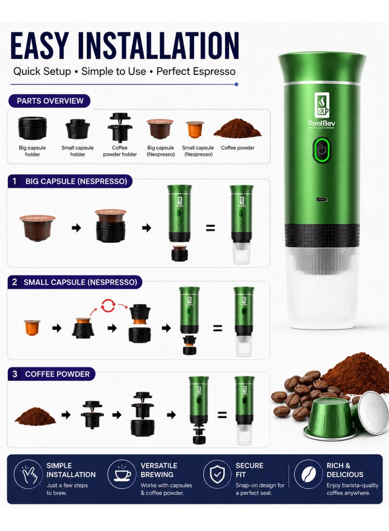 RealBev Portable Espresso Coffee Maker | USB Rechargeable Coffee Machine for Travel, Car, Camping & Office | Compatible with Ground Coffee & Capsules | Compact One-Touch Brewing - Image 5