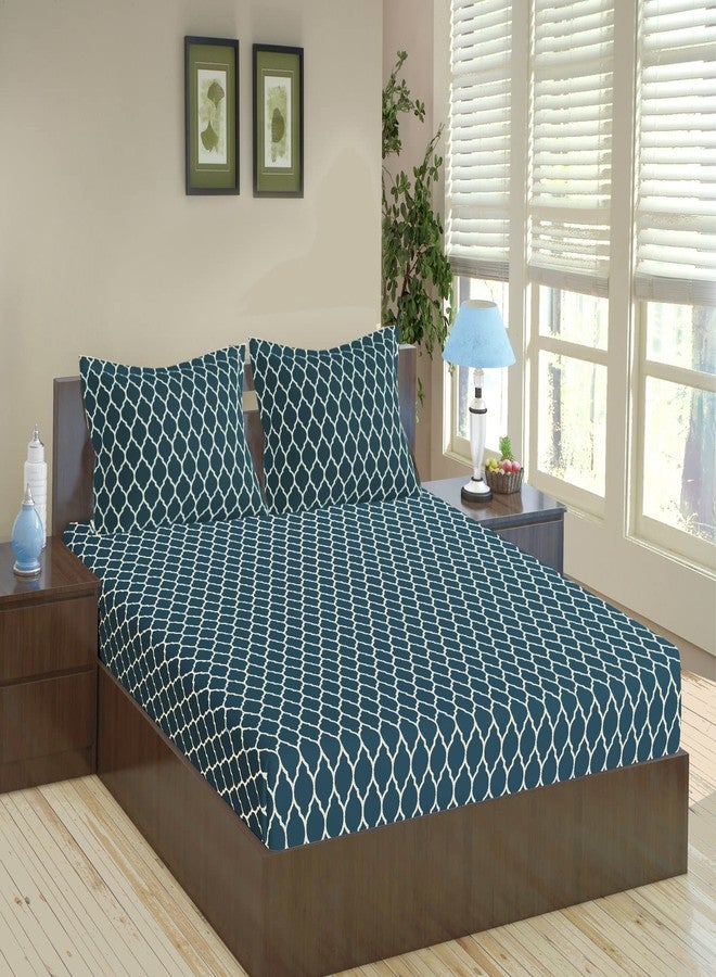 Trance Home Linen 200TC 100% Cotton 84"x78" Elastic Fitted Bedsheet Super King Bed Size | Printed Fitted Sheet | Elasticated Fitted Bedspread with 2 Pillow Covers (84x78 inch, Dori Blue)
