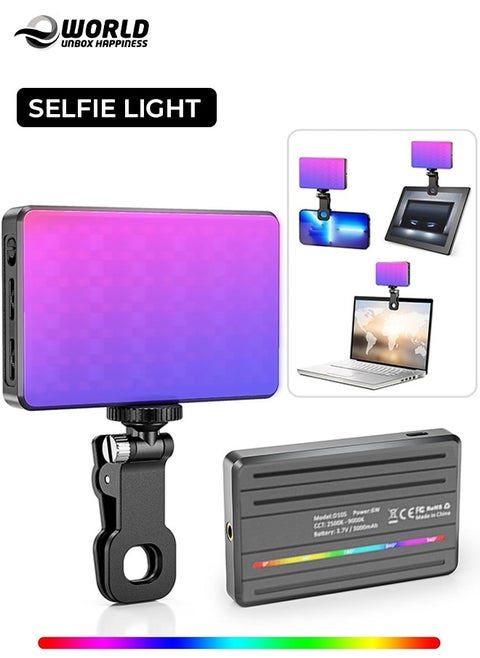 ضوء سيلفي RGB محمول مع مشبك، ضوء تعبئة جيب قابل للتعديل بزاوية 180° مع ألوان كاملة 0-360°، CRI 95+، سطوع قابل للتعديل 2500-9000K، بطارية بسعة 3000mAh و10 تأثيرات ديناميكية. مثالي للهواتف، الأجهزة اللوحية، أجهزة اللابتوب والكاميرات