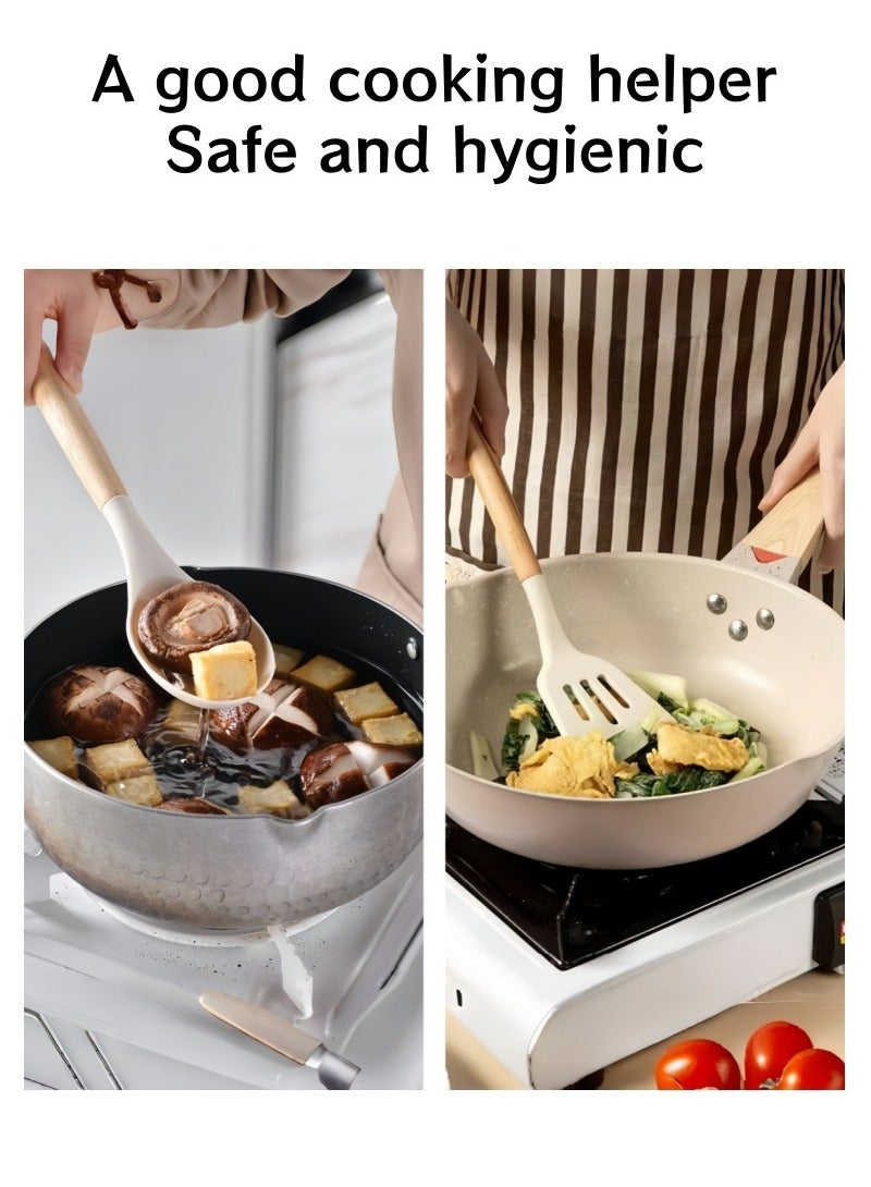 مجموعة أدوات طهي وملاعق بمقبض خشبي مكونة من 12 قطعة باللون الأبيض مع حاوية تخزين - Image 3