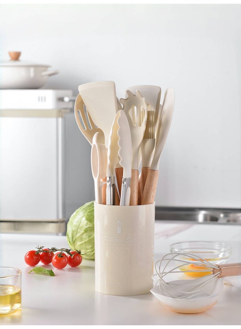 مجموعة أدوات طهي وملاعق بمقبض خشبي مكونة من 12 قطعة باللون الأبيض مع حاوية تخزين - Image 4