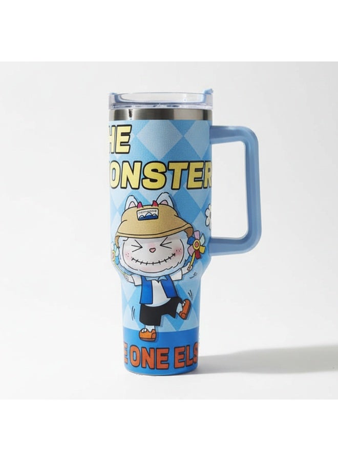 كوب ستانلي الحراري سعة 1200 مل بمقبض - كوب من الفولاذ المقاوم للصدأ معزول بجدار مزدوج بتقنية التفريغ الهوائي وغطاء، بتصميم كرتوني مطبوع من لابوبو، كوب هدية لطيف وعملي للأطفال والفتيات والمراهقين والاستخدام اليومي - Image 1