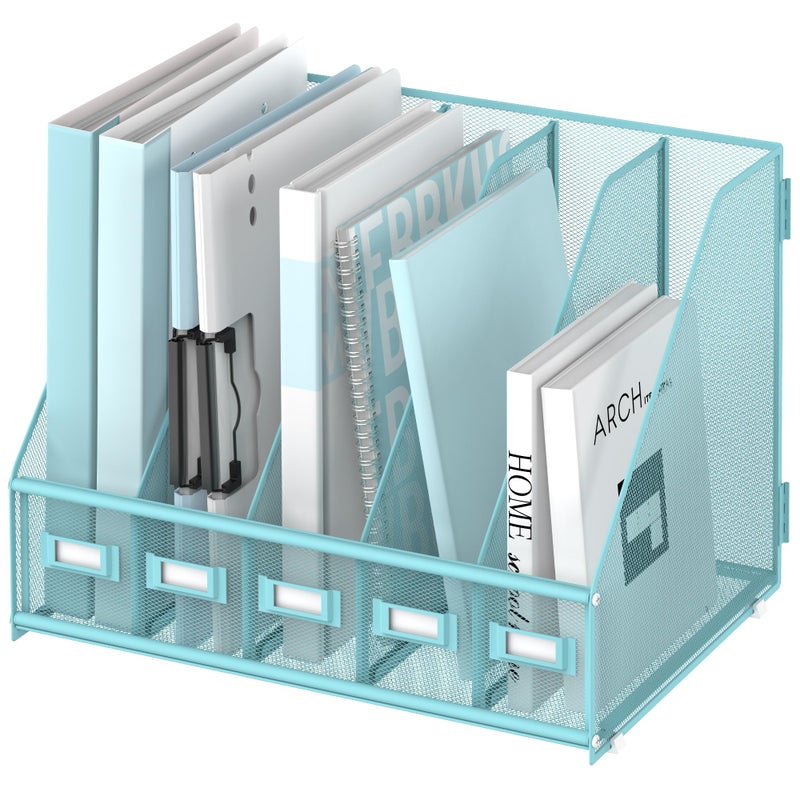 SUPEASY منظم مكتب SUPEASY، حامل ملفات ومجلات معدني بخمسة أقسام عمودية، منظم ملفات لسطح المكتب أو مساحة العمل المنزلية، أزرق - Image 1